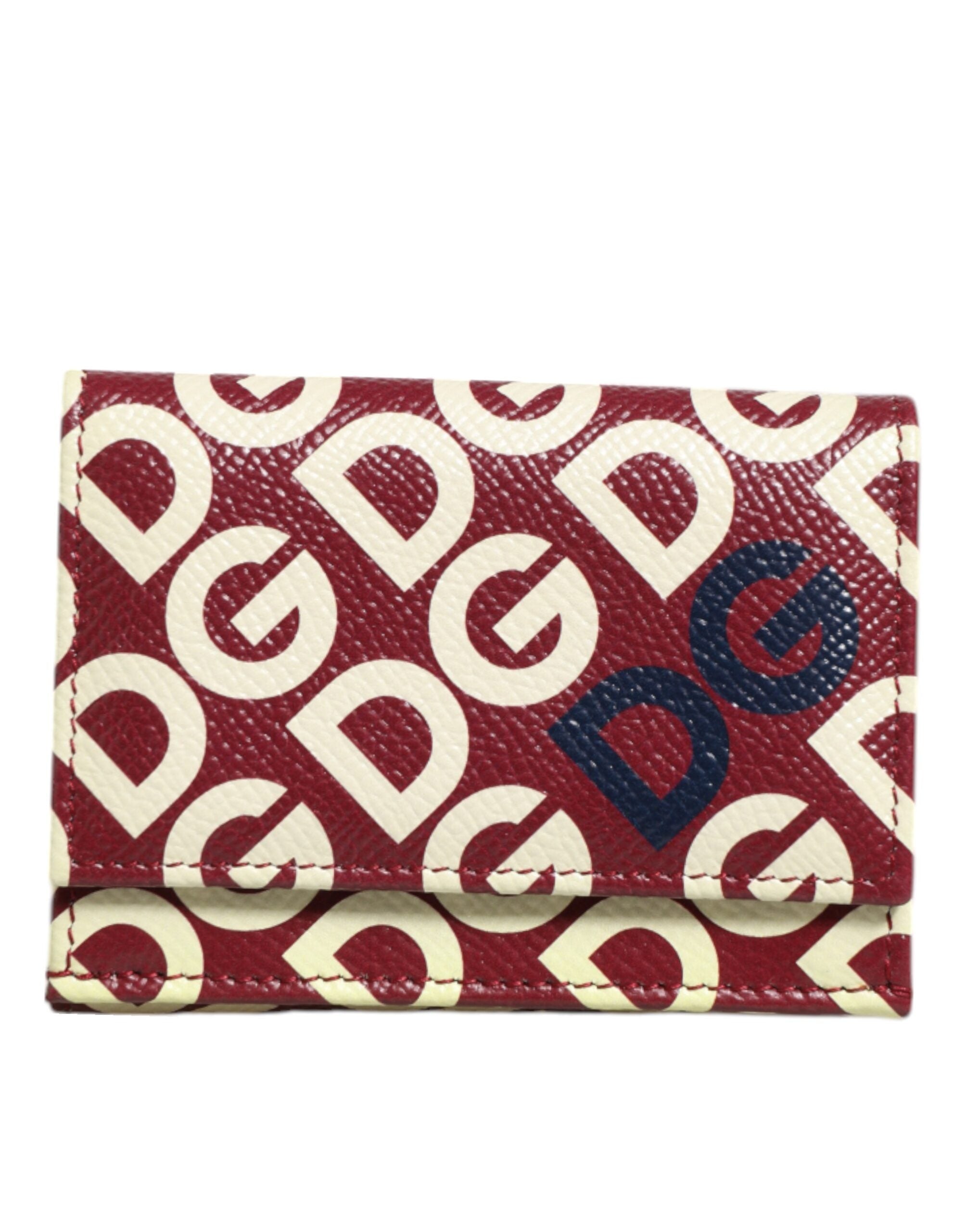 Burgundy Logo Print Calf Leather French Flap Card Holder Wallet