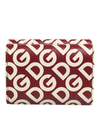 Burgundy Logo Print Calf Leather French Flap Card Holder Wallet