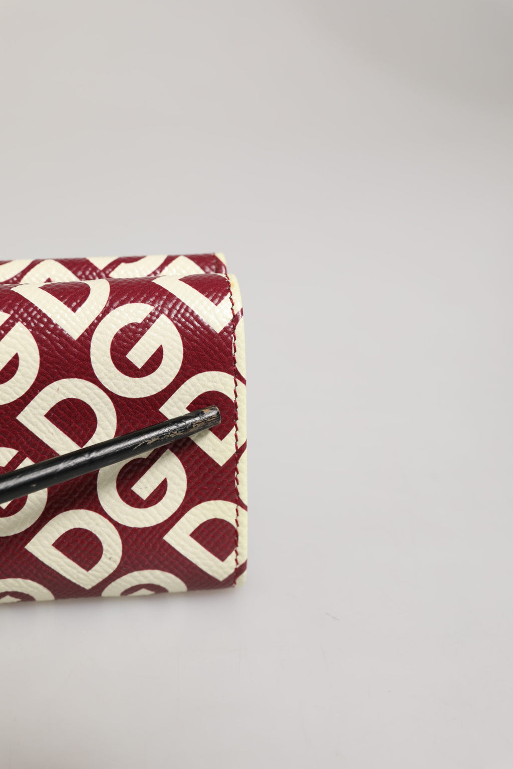 Burgundy Logo Print Calf Leather French Flap Card Holder Wallet