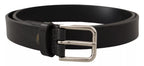 Calf Leather Silver Tone Black Metal Buckle Belt