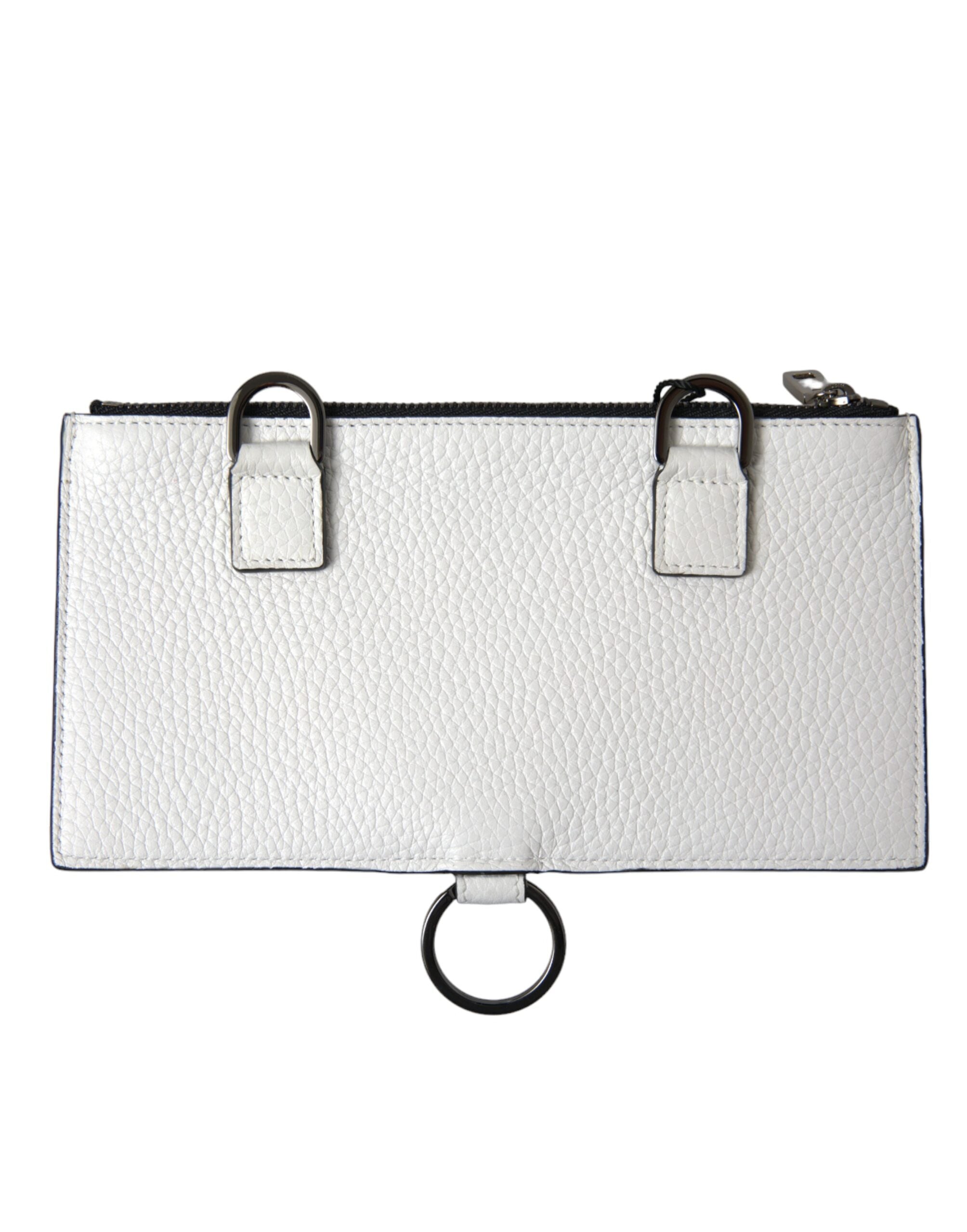 White Calfskin Leather Large Crossbody Card Holder Wallet