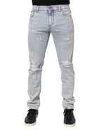 Light Blue Distressed Slim Fit Ripped Denim Jeans