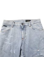 Light Blue Distressed Slim Fit Ripped Denim Jeans