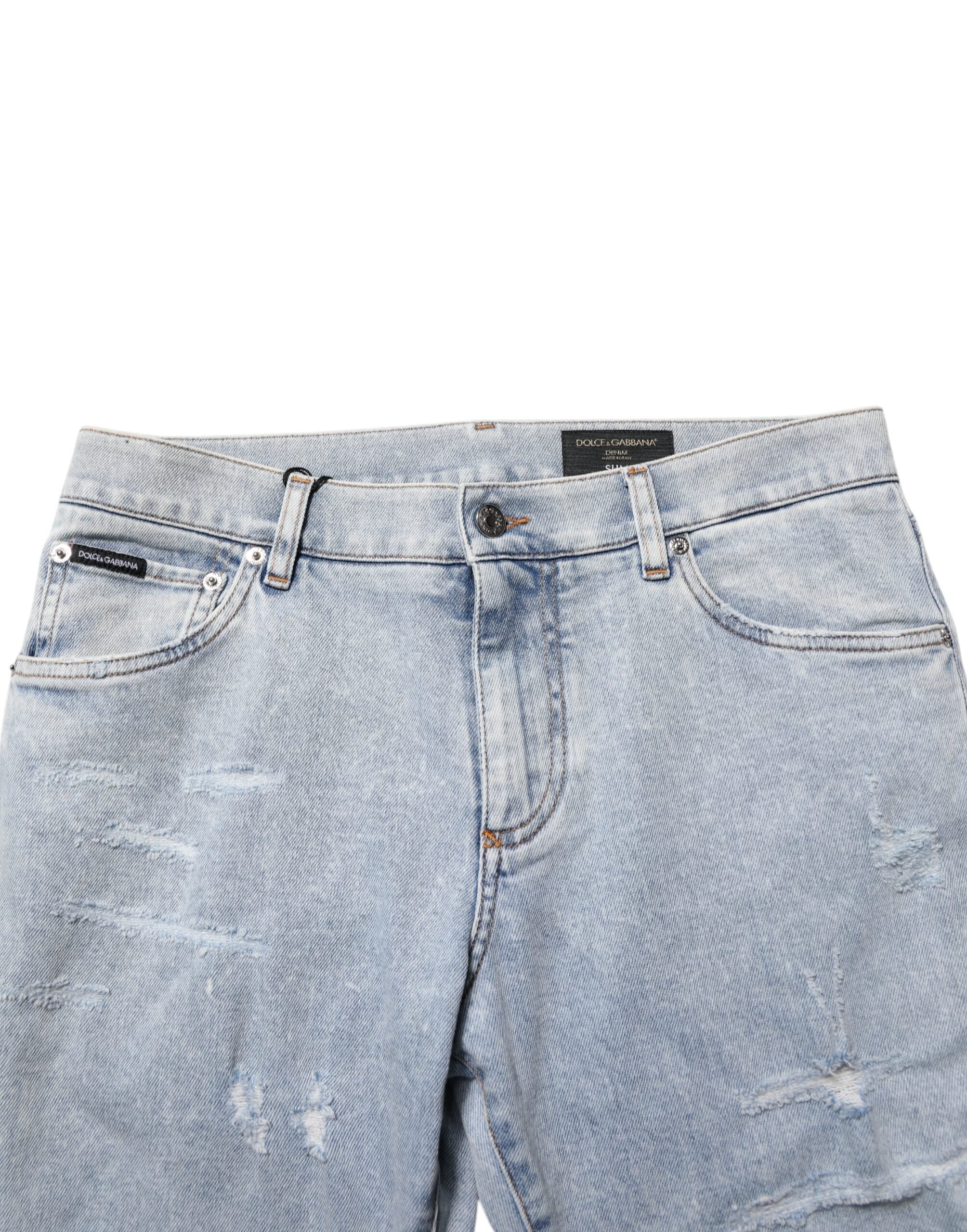 Light Blue Distressed Slim Fit Ripped Denim Jeans