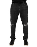 Black Cotton Slim Fit Distressed Ripped Logo Jeans