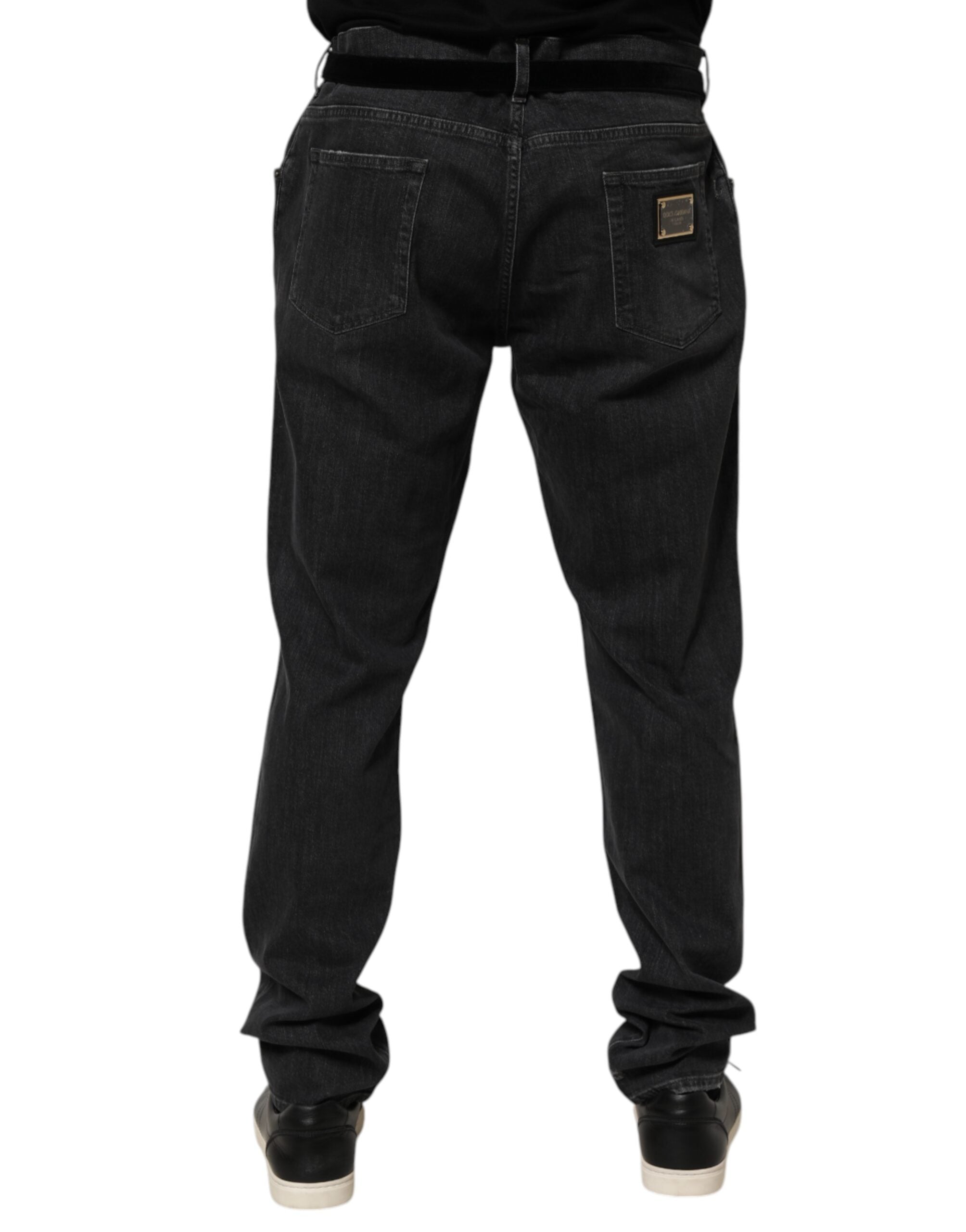 Black Cotton Slim Fit Distressed Ripped Logo Jeans