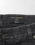 Black Cotton Slim Fit Distressed Ripped Logo Jeans