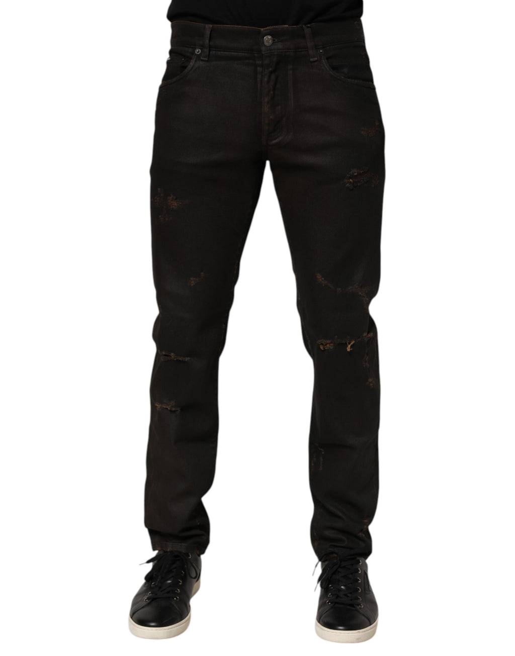 Dark Brown Tattered Cotton Skinny Denim Jeans