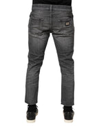 Grey Cotton Denim Slim Fit Distressed Pants Jeans