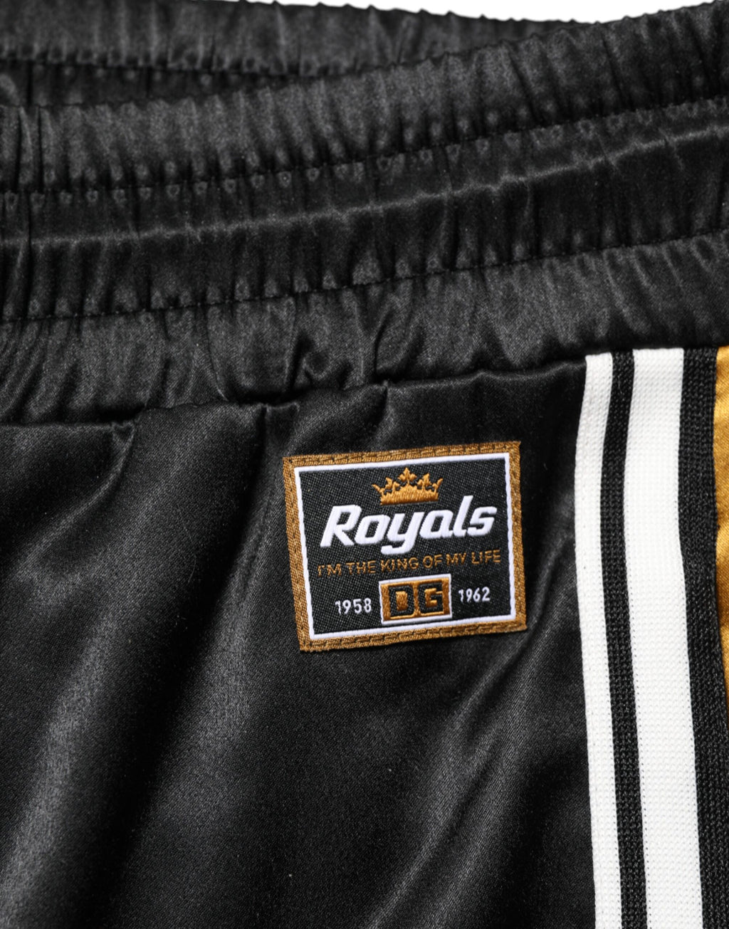 Black Gold Satin Crown Side Stripe Jogger Pants