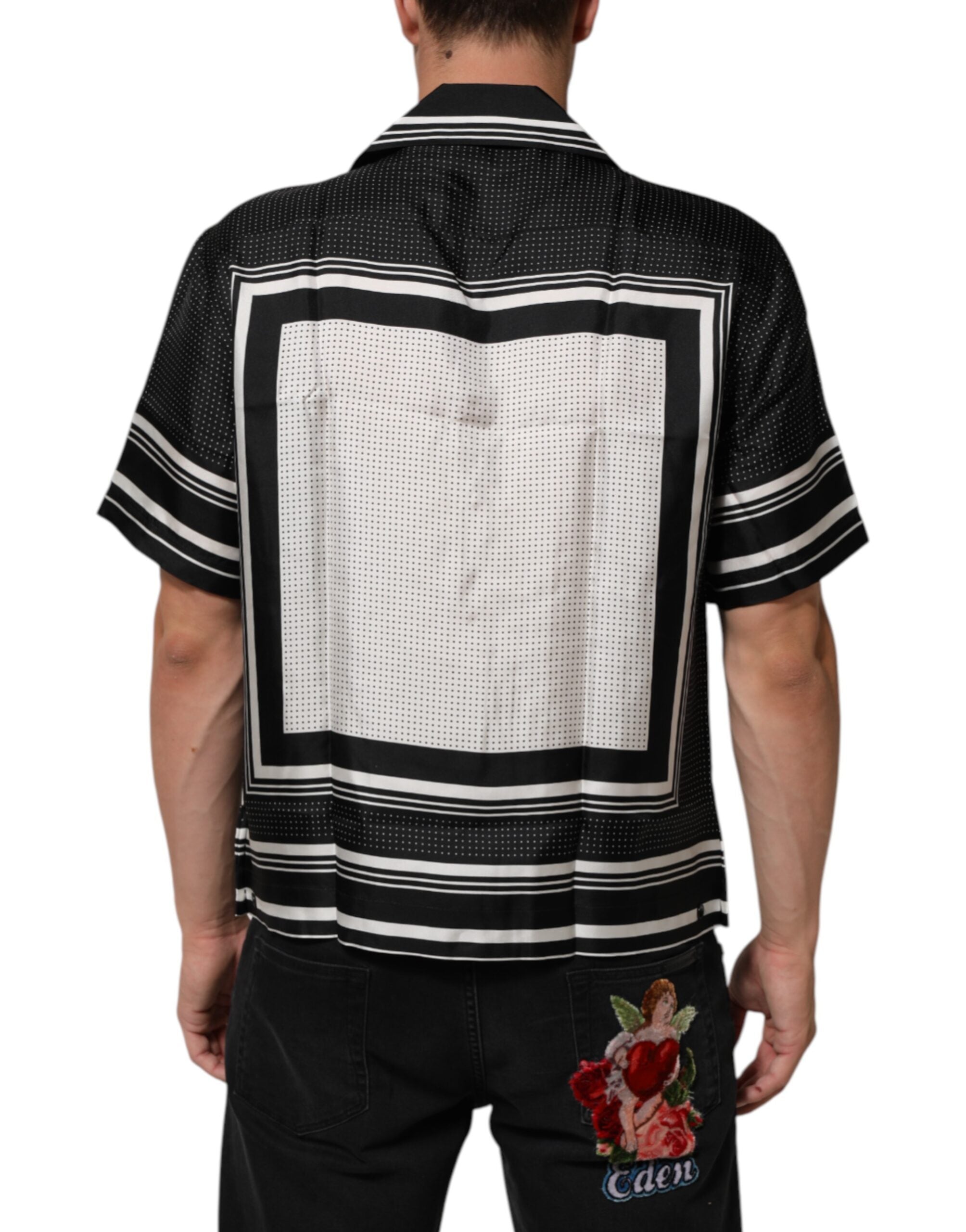 Black White StripeDot Print Casual Polo Shirt