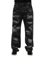 Black Marbled Effect Straight Men Denim Jeans
