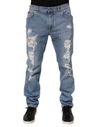 Blue Tattered Slim Fit Cotton Denim Jeans