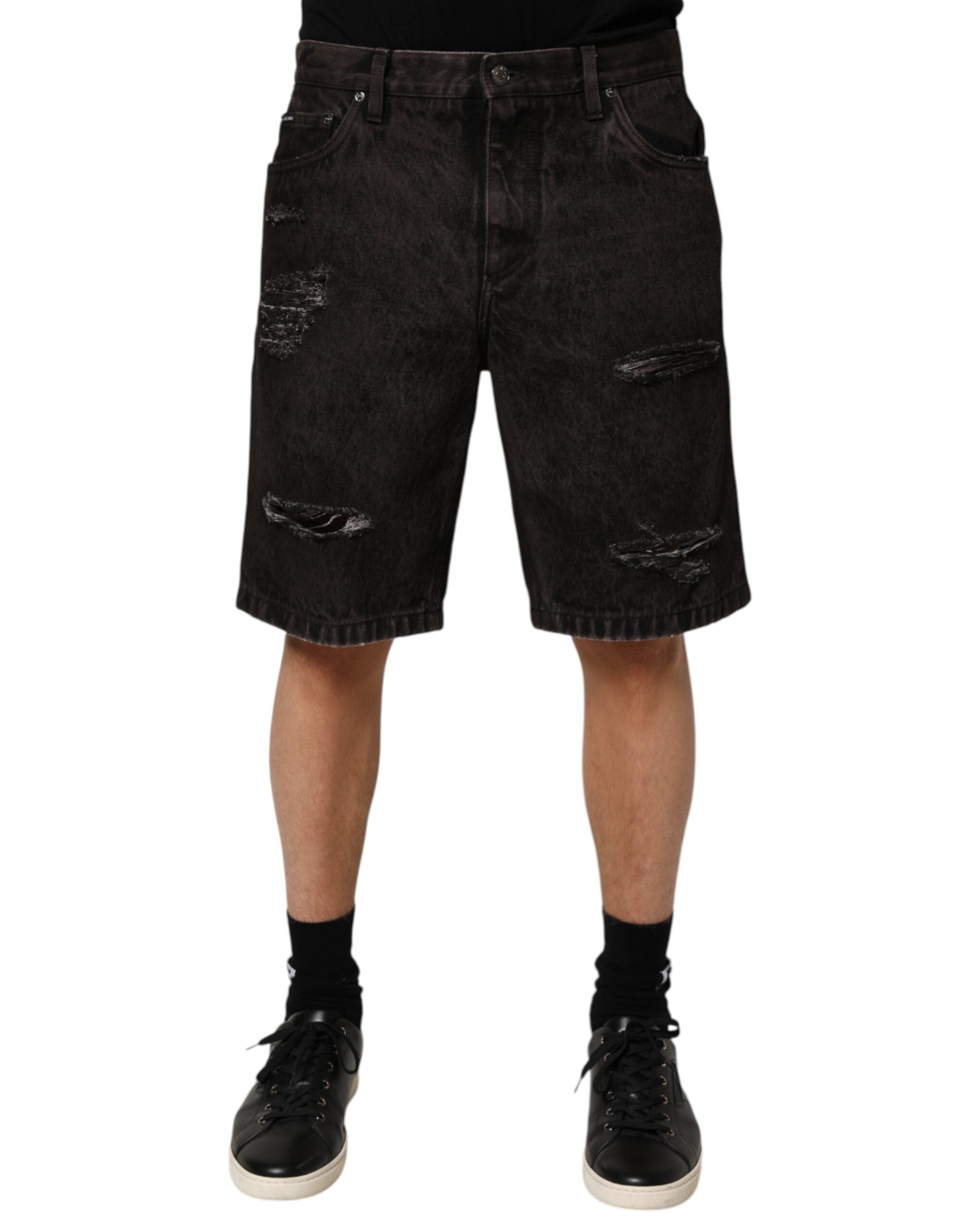 Black Cotton Tattered Denim Men Bermuda Short