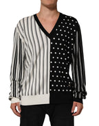 Black White Stripe Polka V-Neck Pullover Sweater