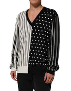 Black White Stripe Polka V-Neck Pullover Sweater