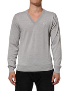 Gray Wool Knit Logo V-Neck Pullover Sweater