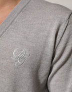 Gray Wool Knit Logo V-Neck Pullover Sweater