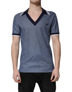 Blue Collared V-neck Silk Blend Polo T-shirt
