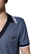 Blue Collared V-neck Silk Blend Polo T-shirt