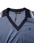 Blue Collared V-neck Silk Blend Polo T-shirt