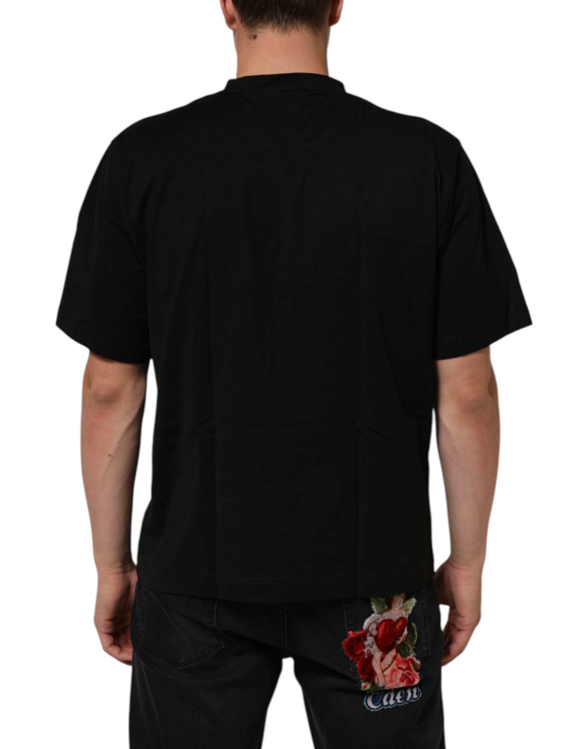 Black Logo Patch Cotton Men Crew Neck T-shirt