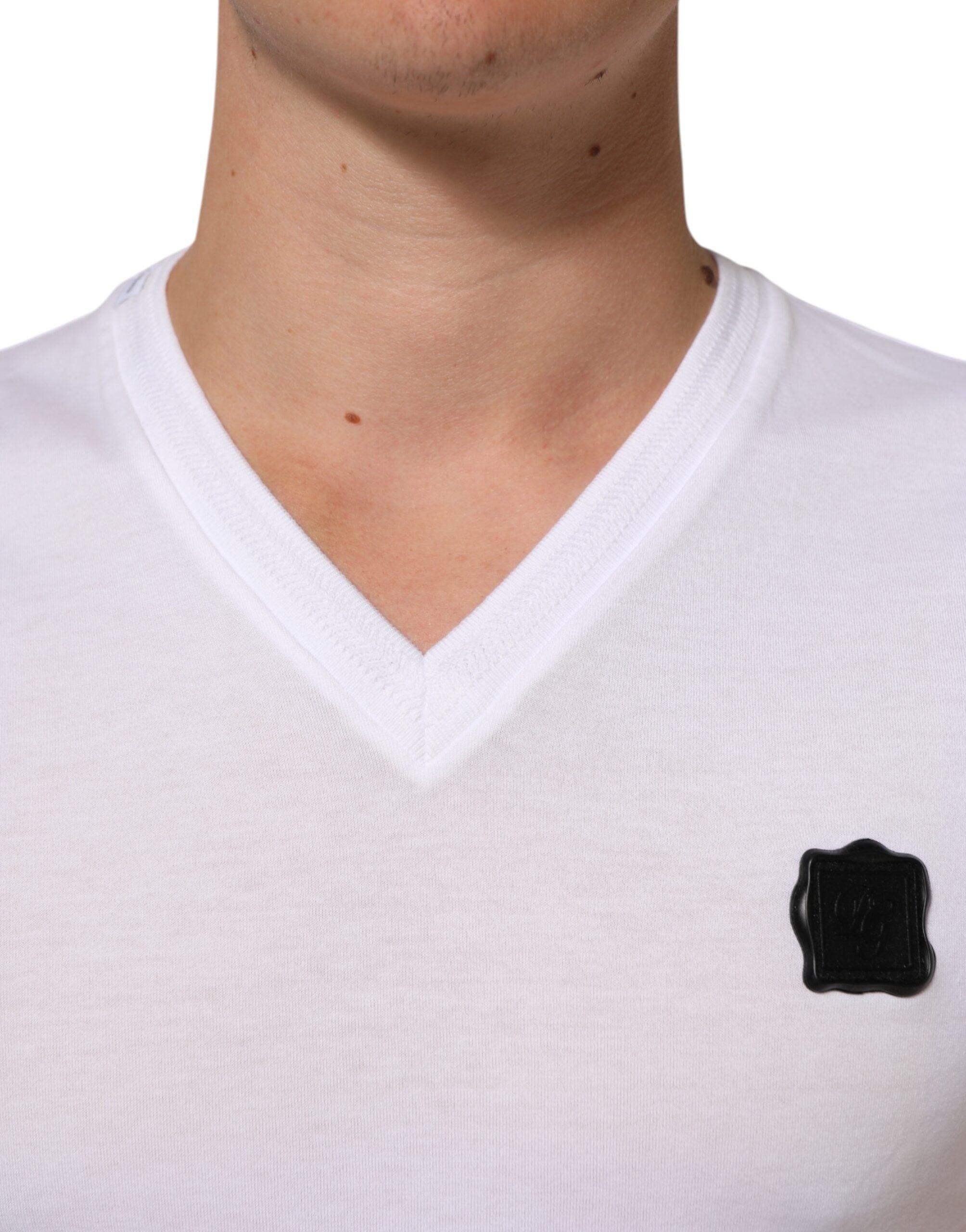 White Cotton Logo Patch V-neck Tee T-shirt