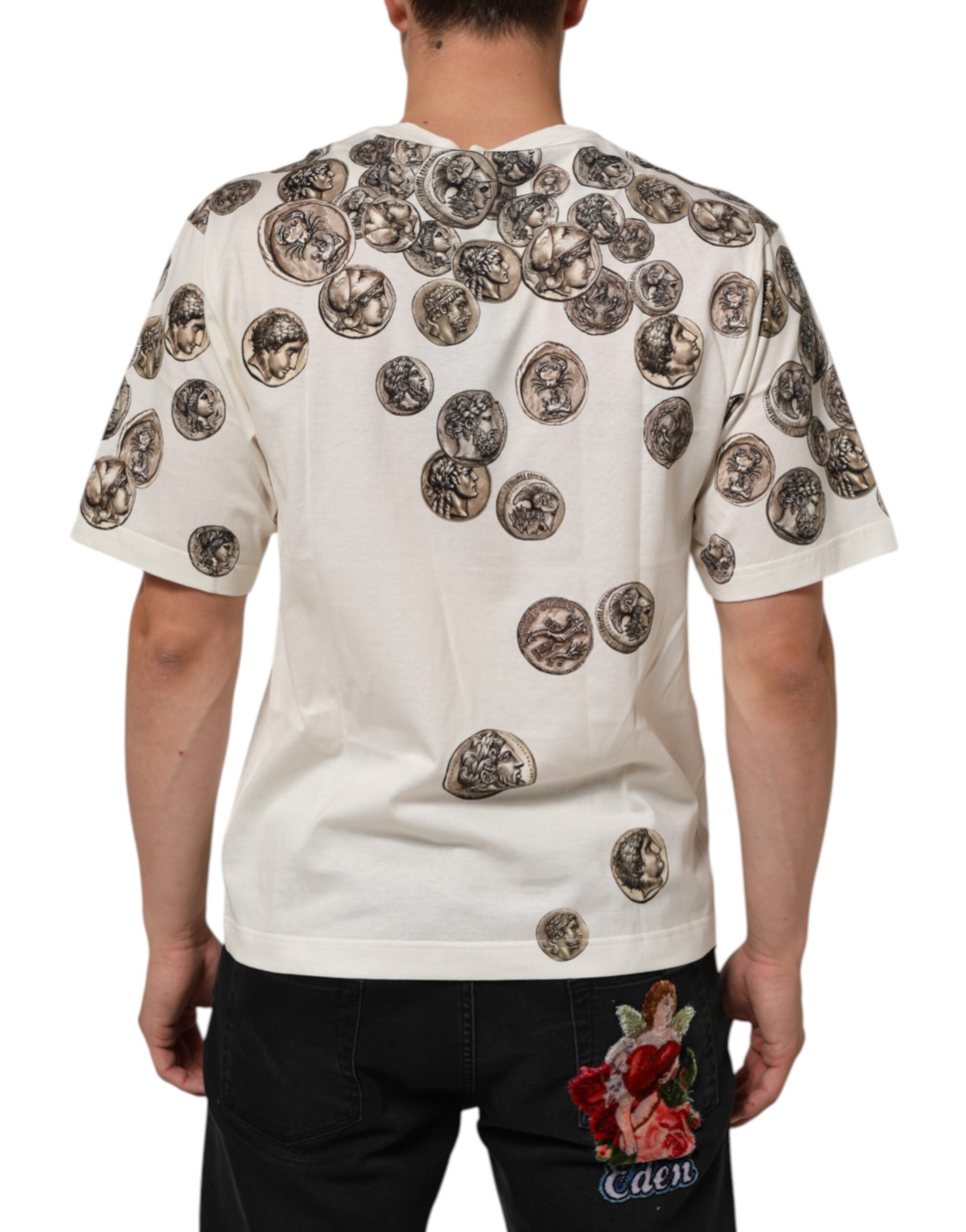 White Coin Print Cotton Crew Neck Men T-shirt