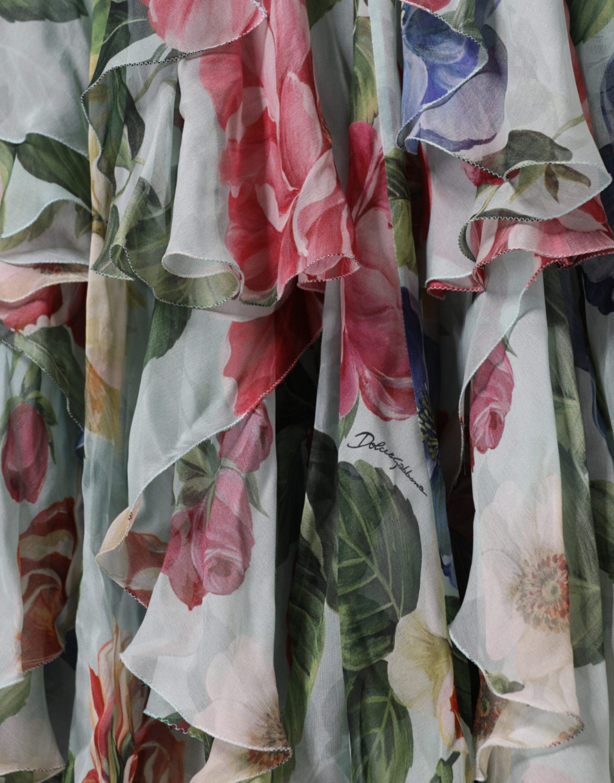 Blue Floral Print Tiered Long Maxi Dress