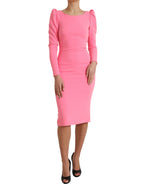 Pink Polyester Long Sleeves Sheath Midi Dress