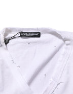 White Distressed Cotton V Neck Men T-shirt