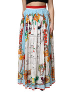 White Calendar Print Cotton Gathered Maxi Skirt