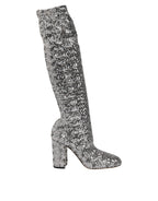 Silver Sequins Glitter High Heel Boot Shoes