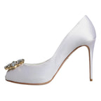 White Crystals Peep Toe Satin Pumps Shoes