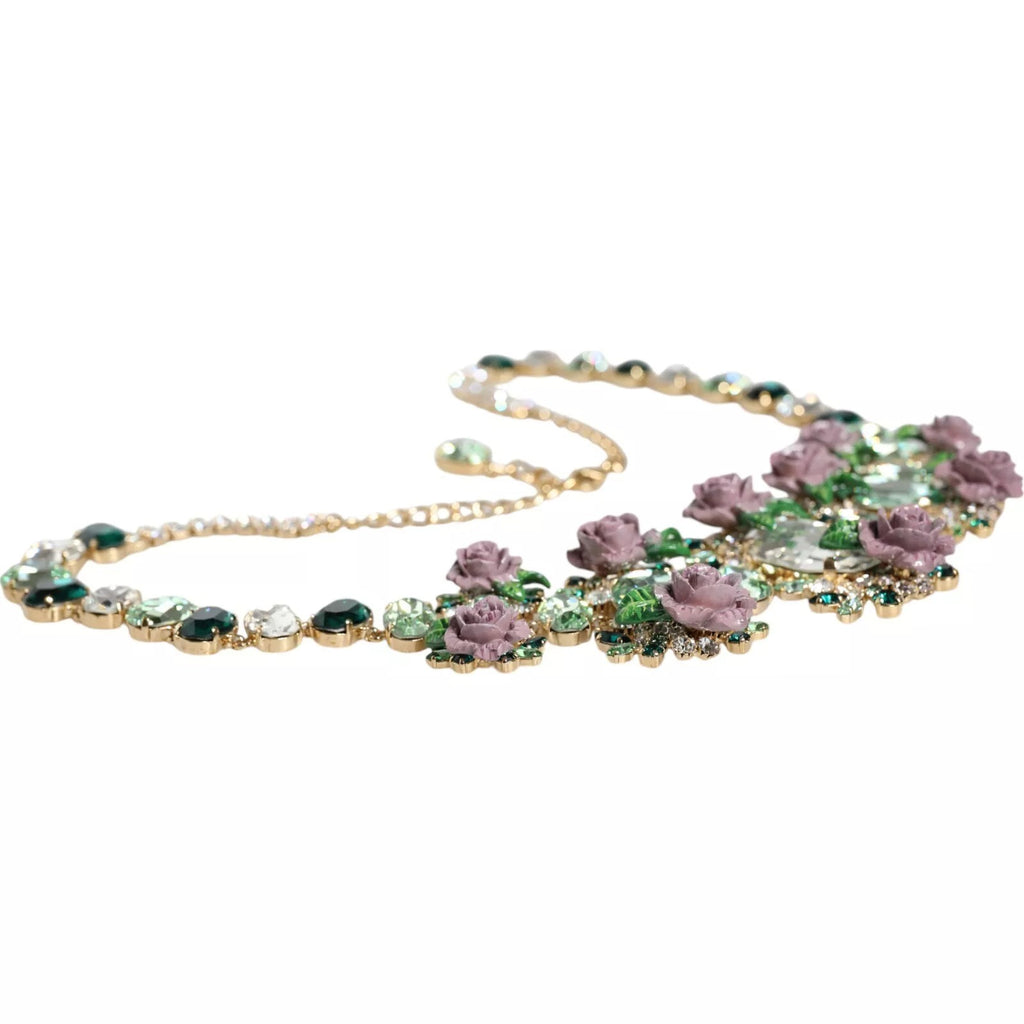 Gold Brass Link Chain Rose Petal Crystal Necklace