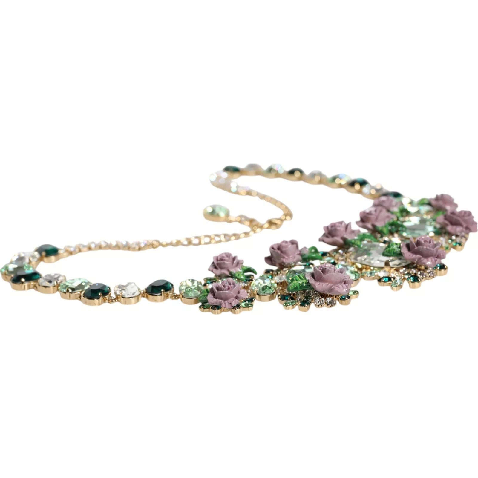 Gold Brass Link Chain Rose Petal Crystal Necklace