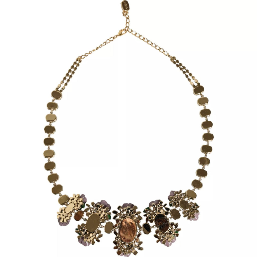 Gold Brass Link Chain Rose Petal Crystal Necklace