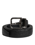 Black Textured Leather Silver Metal Buckle Men Belt