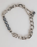 Silver Tone Chain Lobster Clasp Logo Gray Pearls Bracelet