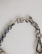 Silver Tone Chain Lobster Clasp Logo Gray Pearls Bracelet