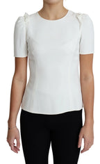 White Viscose Acetate Short Sleeve Blouse Top