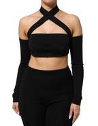 Black Viscose Halter Off Shoulder Cropped Top