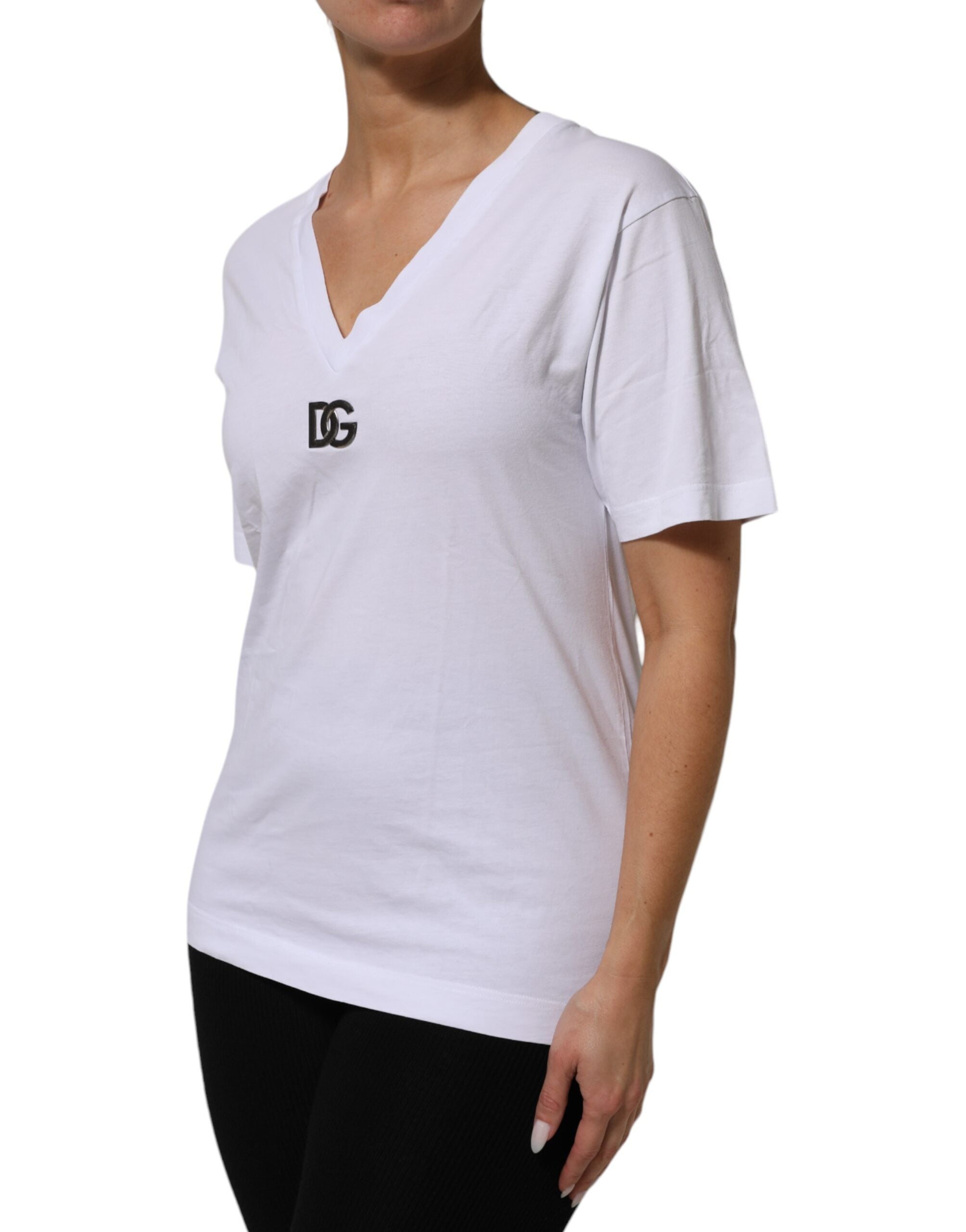 White Cotton V-Neck Short Sleeves T-Shirt