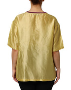 Yellow Silk Satin Floral Lace Short Sleeves Top