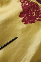 Yellow Silk Satin Floral Lace Short Sleeves Top