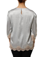 Gray Silk Satin Floral Lace Long Sleeve Top