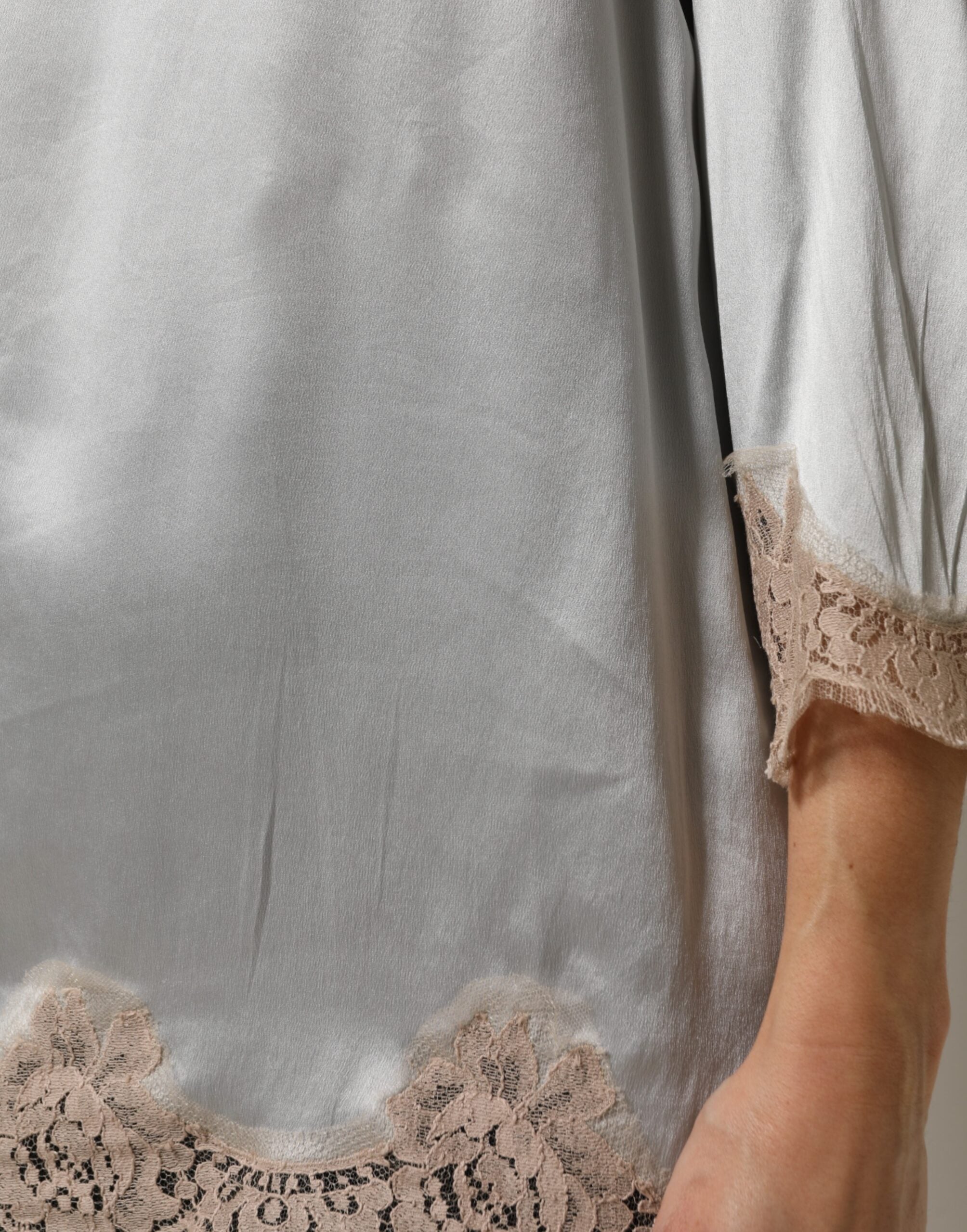 Gray Silk Satin Floral Lace Long Sleeve Top