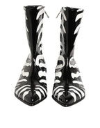 Black White Zebra Leather Mid Calf Boots Shoes