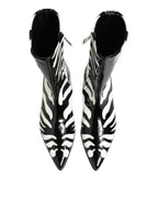 Black White Zebra Leather Mid Calf Boots Shoes