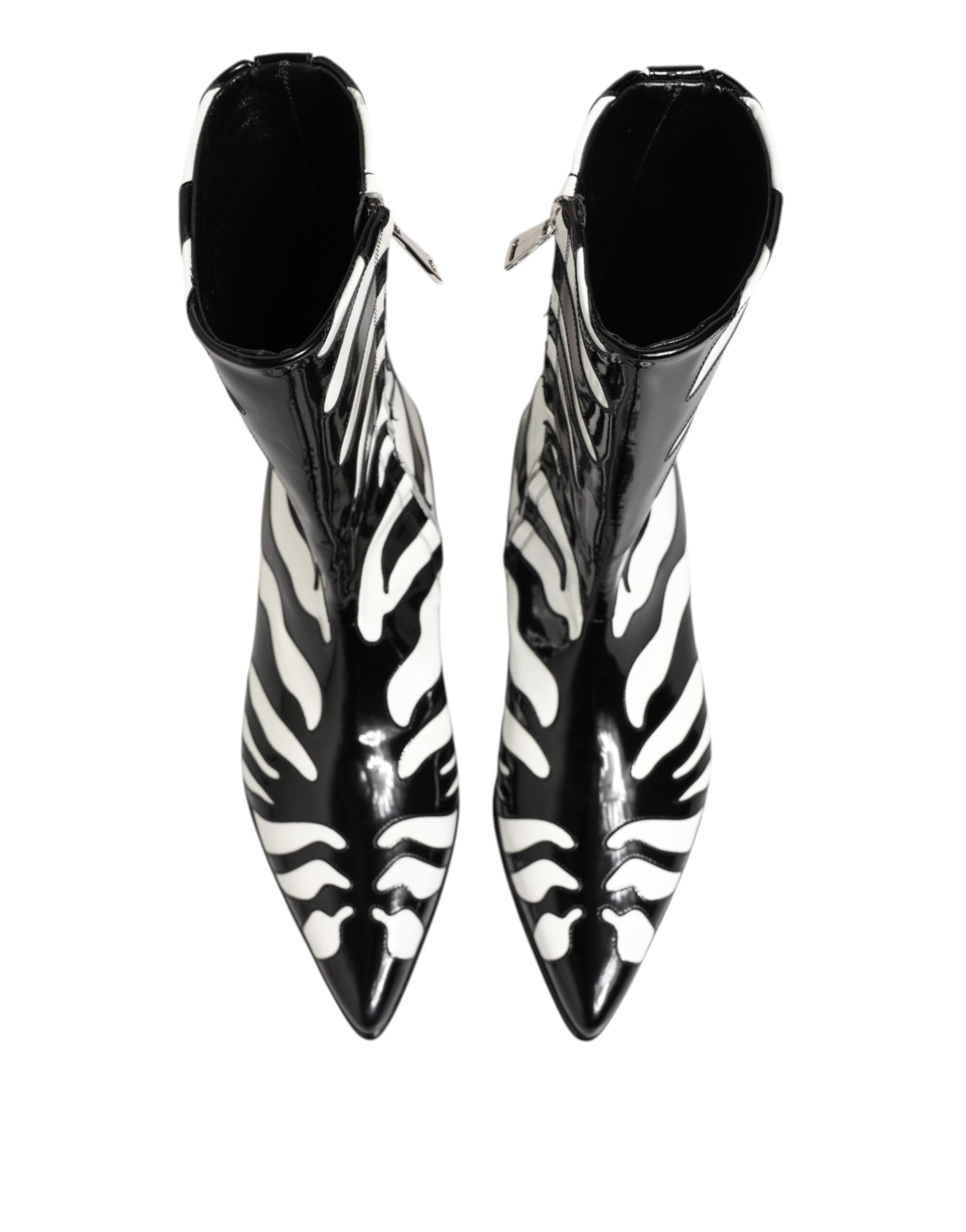 Black White Zebra Leather Mid Calf Boots Shoes